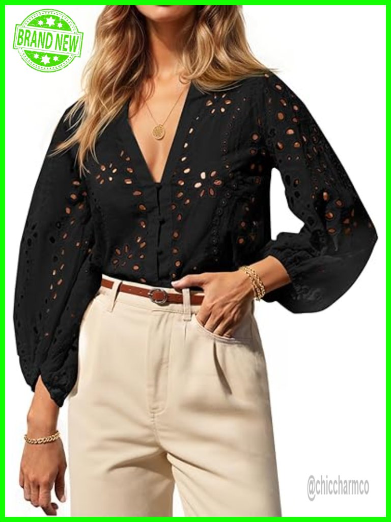 Women's Eyelet Blouse 3/4 Sleeve Button Down Hollow Out Cotton Top